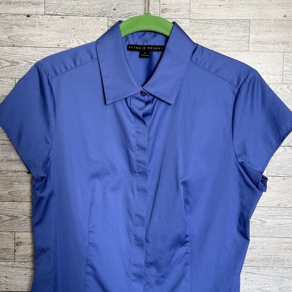 Antonio Melani Ellie Blouse Shirt Blue Button Front Cap Sleeve Cotton Small Posh - Picture 4 of 13
